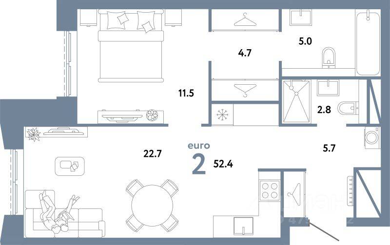2-комн. квартира, 52,4 м², в ЖК Страна.Заречная