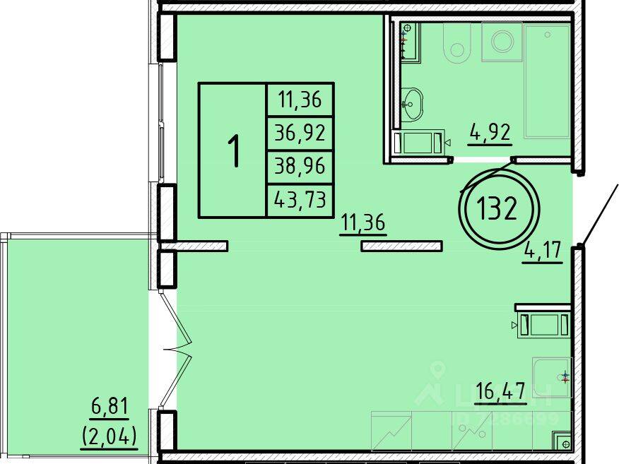 1-комн. квартира, 36,92 м², в Малоэтажный ЖК Образцовый квартал 16
