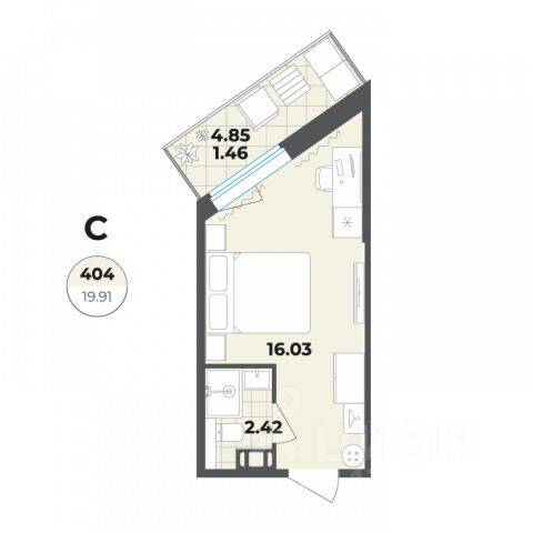 Планировка 1 комнатной квартиры, 19.91 м², в «Лиговский, 127»