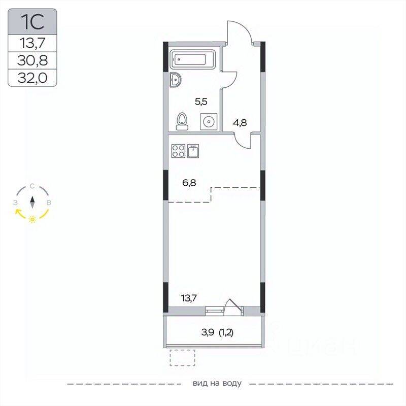 Квартира-студия, 32 м², в ЖК «Пироговская Ривьера»