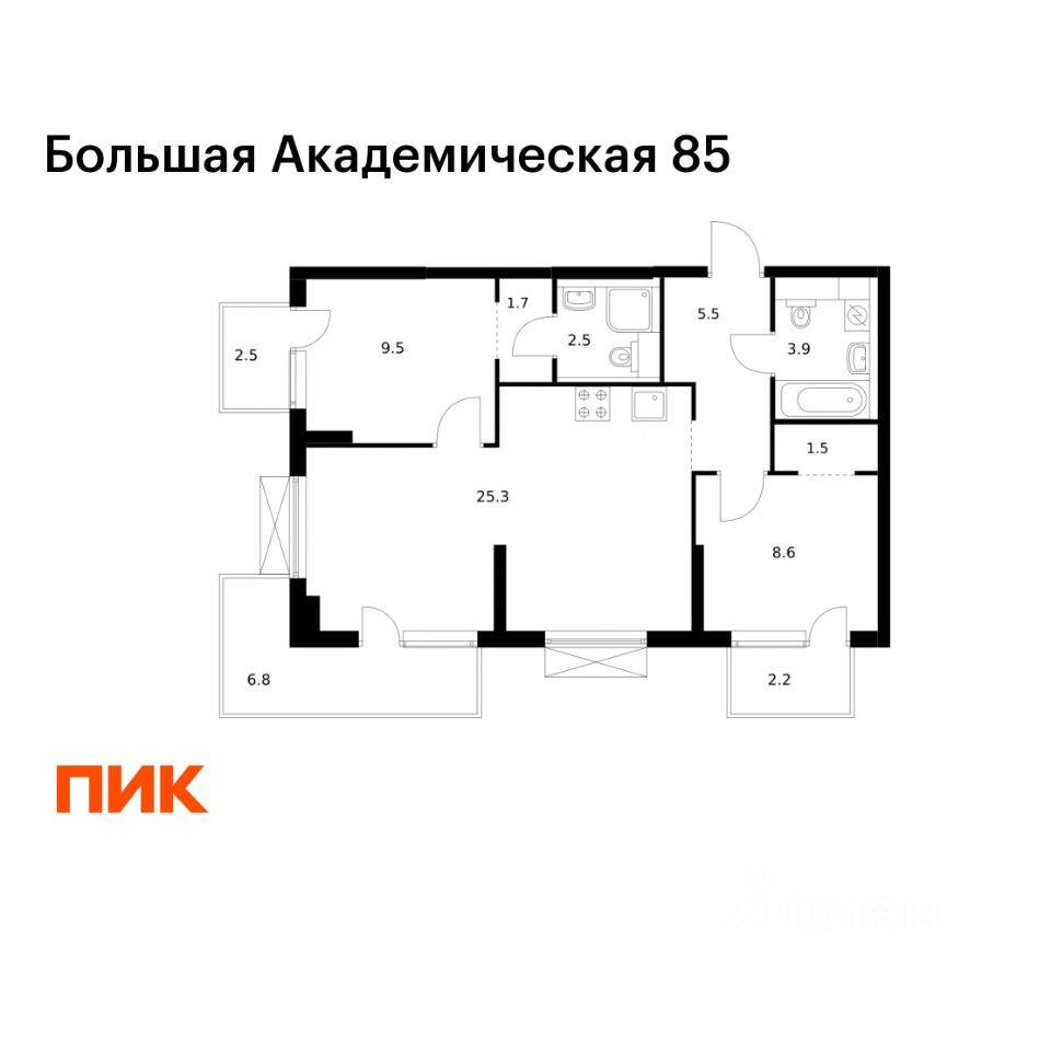 Планировка 2 комнатной квартиры, 68.2 м², в «Большая Академическая 85»