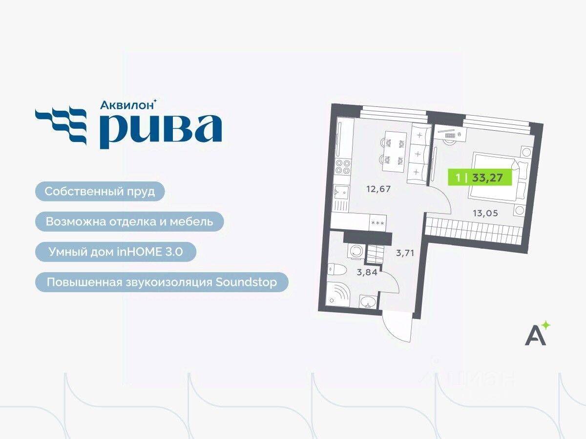 1-комн. квартира, 33,27 м², в ЖК Аквилон RIVA