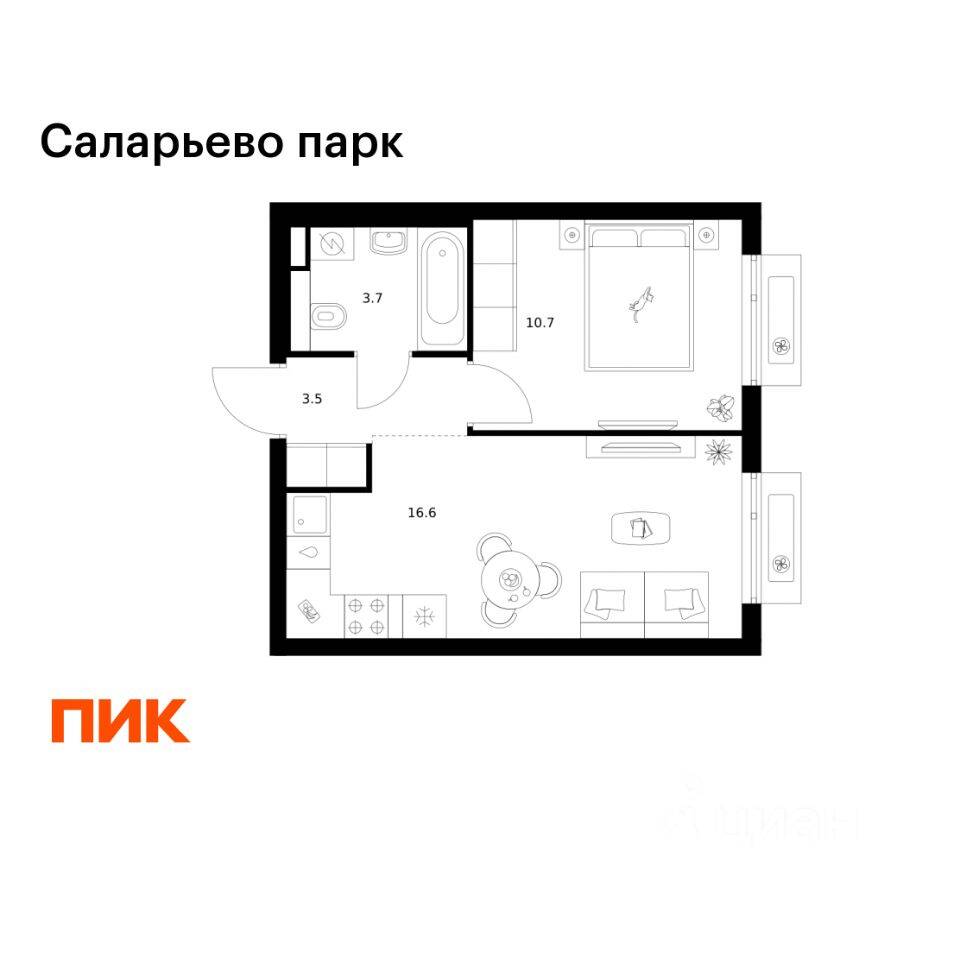 1-комн. квартира, 34,5 м², в ЖК «Саларьево парк»