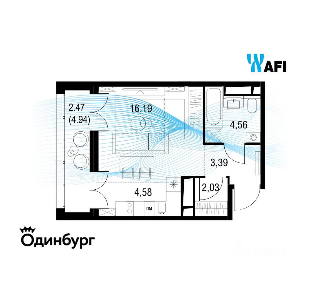 Квартира-студия, 33,25 м², в ЖК «Одинбург»