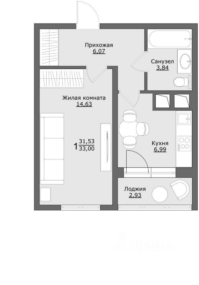 1-комн. квартира, 33 м², в ЖК Клевер