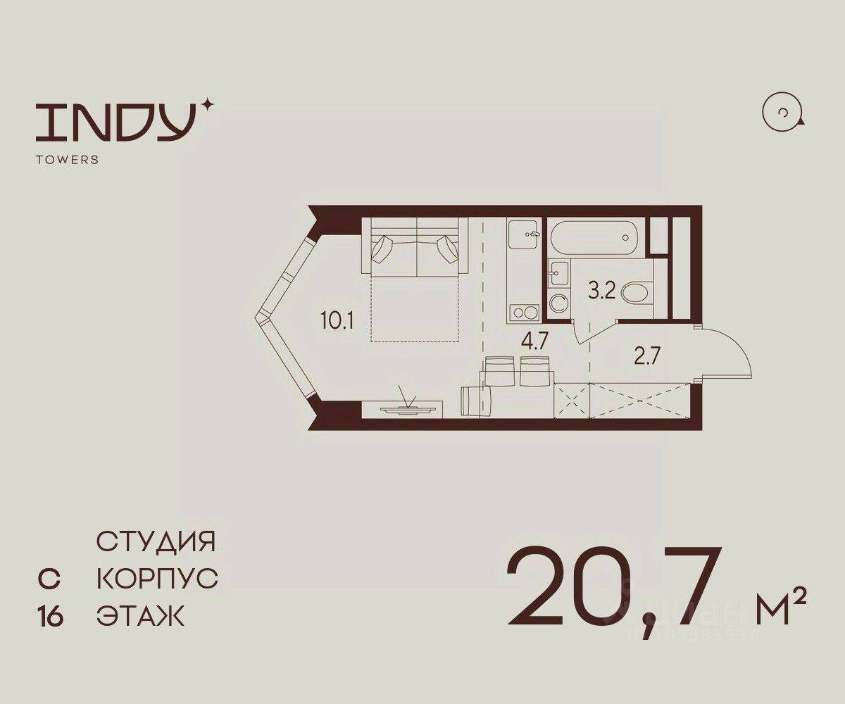 Планировка 1 комнатной квартиры, 20.7 м², в «Indy Towers»