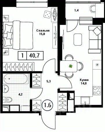 1-комн. квартира, 40,7 м², в ЖК Пушкино Град