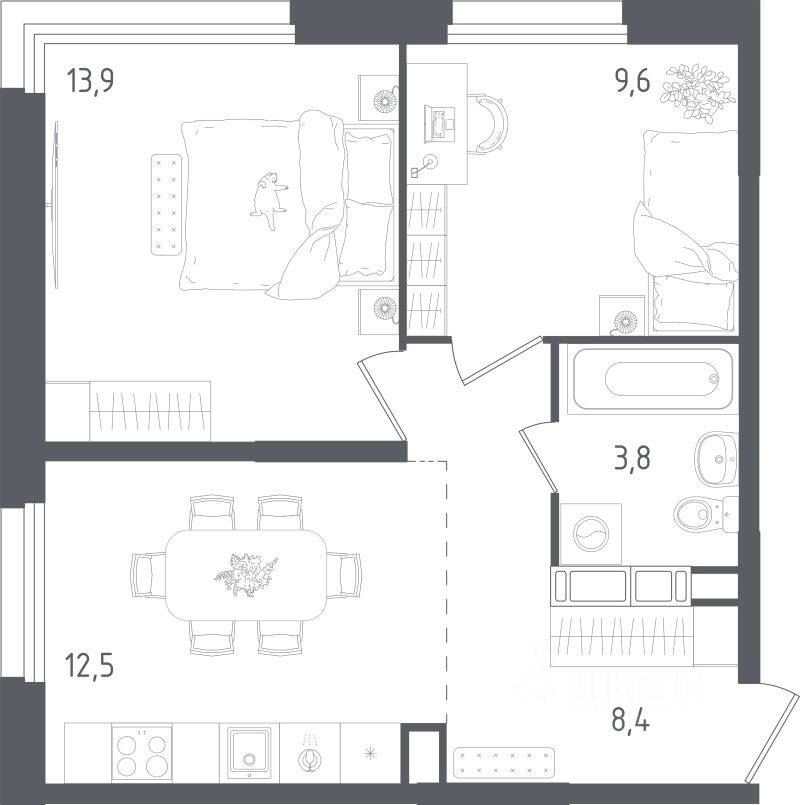 2-комн. квартира, 48,2 м², в ЖК Ольховый Квартал