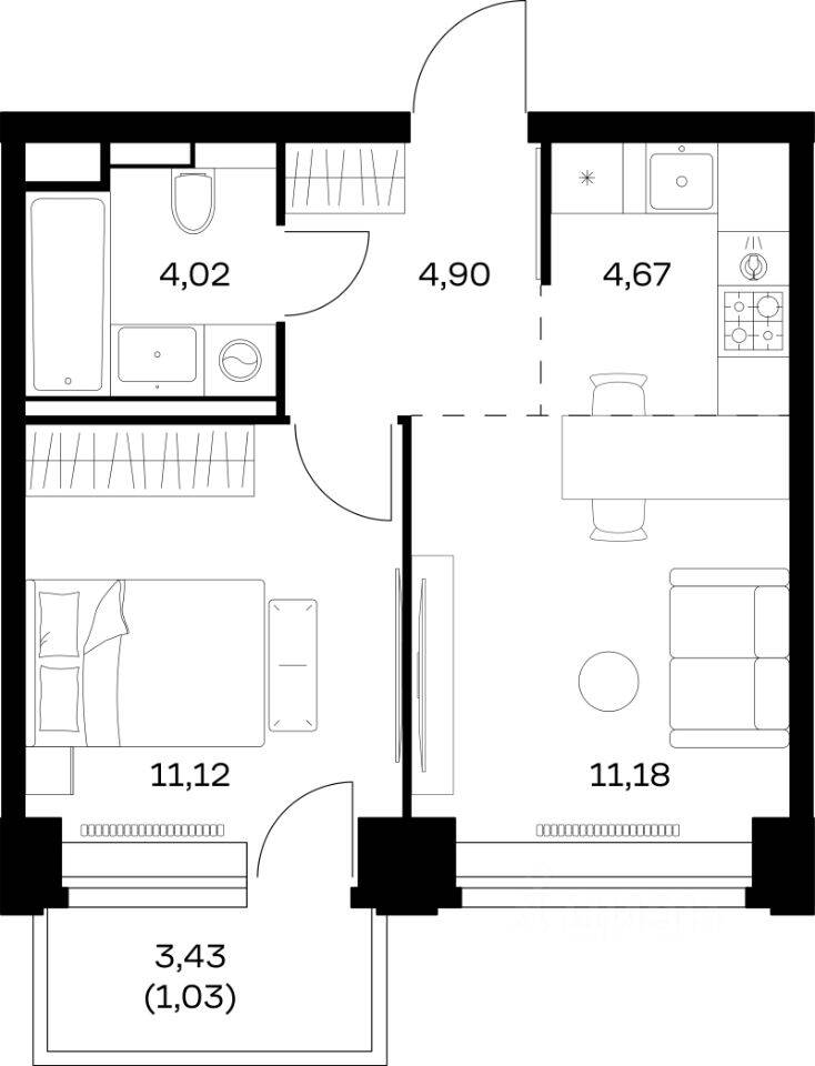 Планировка 1 комнатной квартиры, 36.92 м², в «Nova»