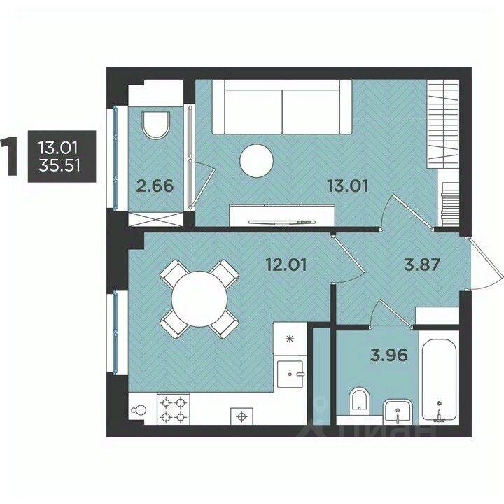 Планировка 1 комнатной квартиры, 35.51 м², в «Новокасимово»