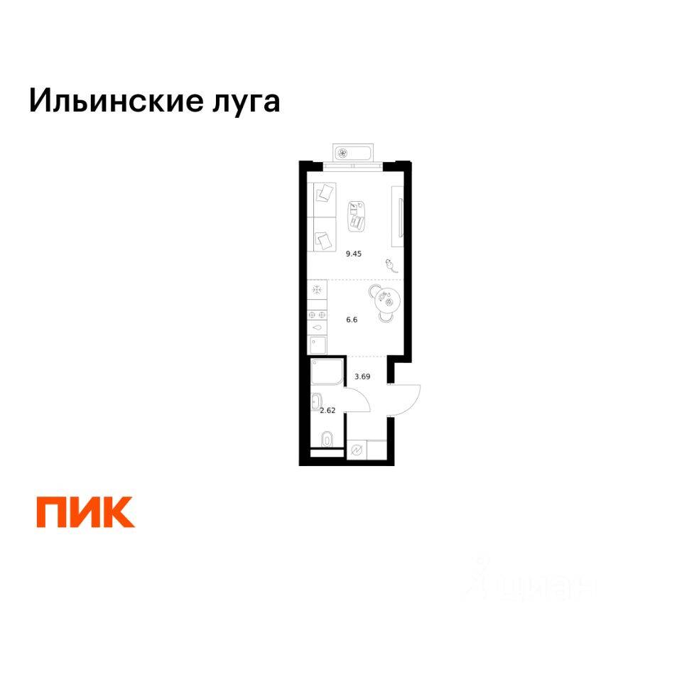 Планировка 1 комнатной квартиры, 22.36 м², в «Ильинские луга»