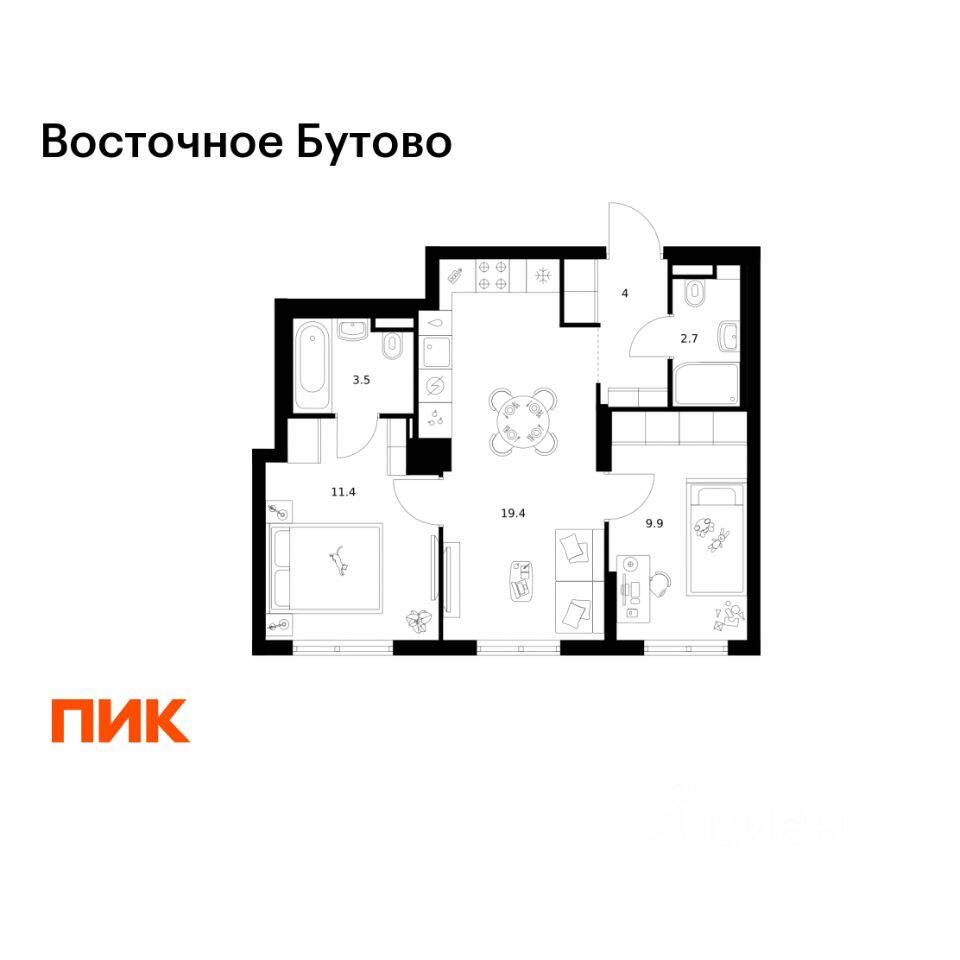2-комн. квартира, 50,9 м², в ЖК «Восточное Бутово»