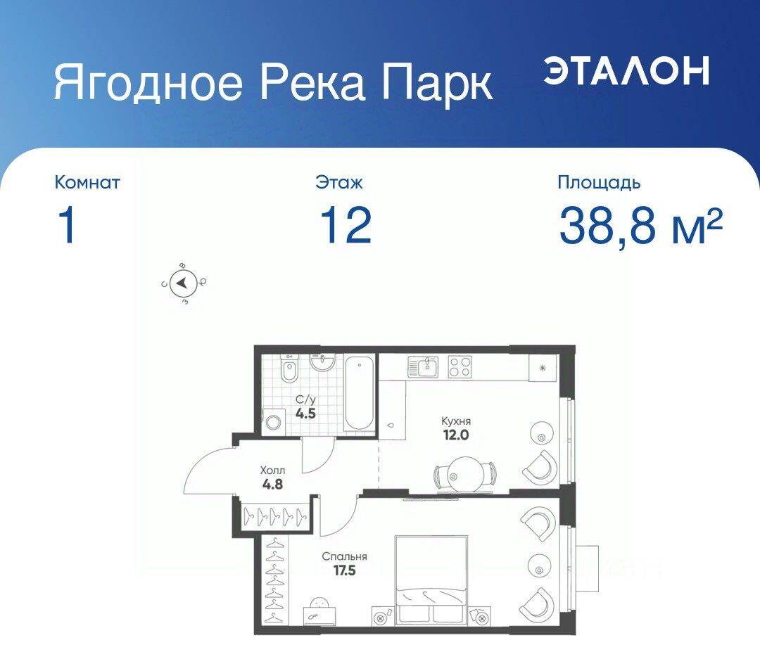 Планировка 1 комнатной квартиры, 38.8 м², в «Ягодное Река Парк»