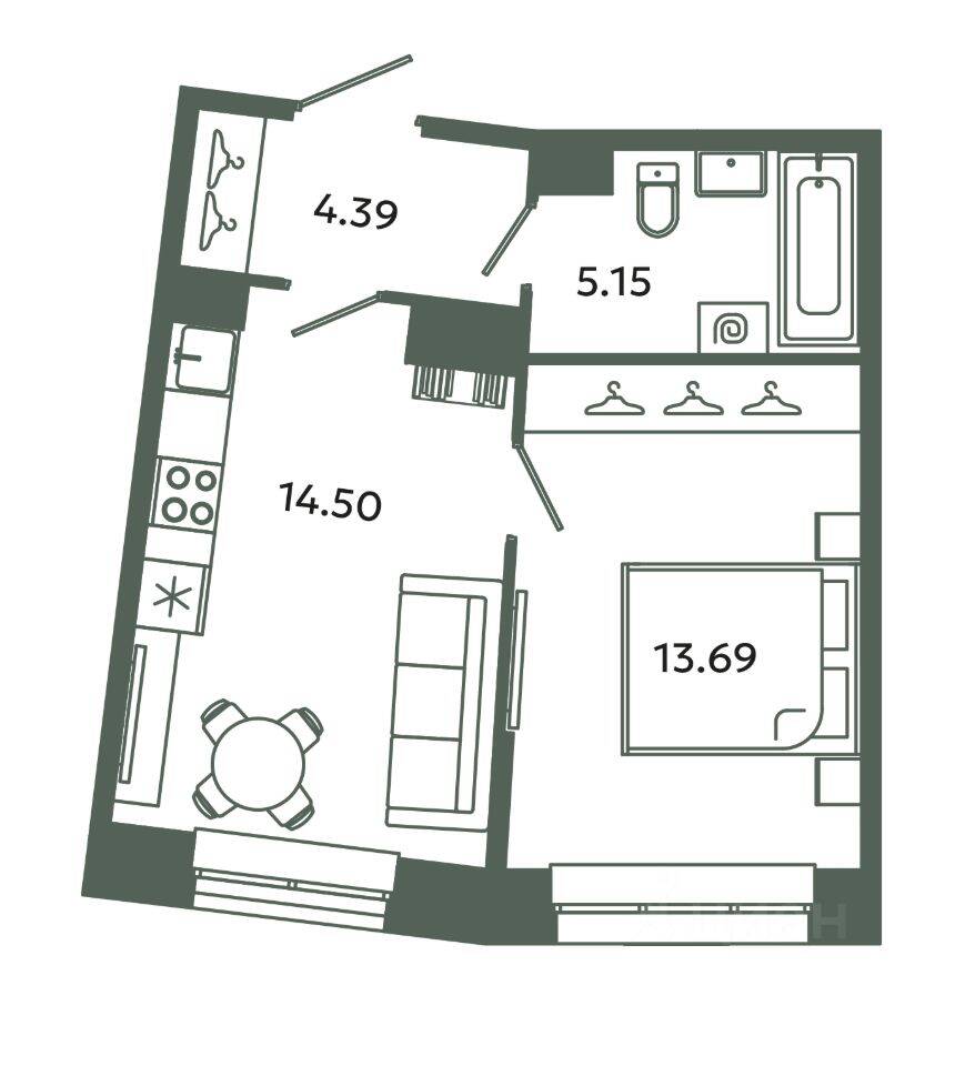 1-комн. квартира, 37,73 м², в ЖК Загляденье