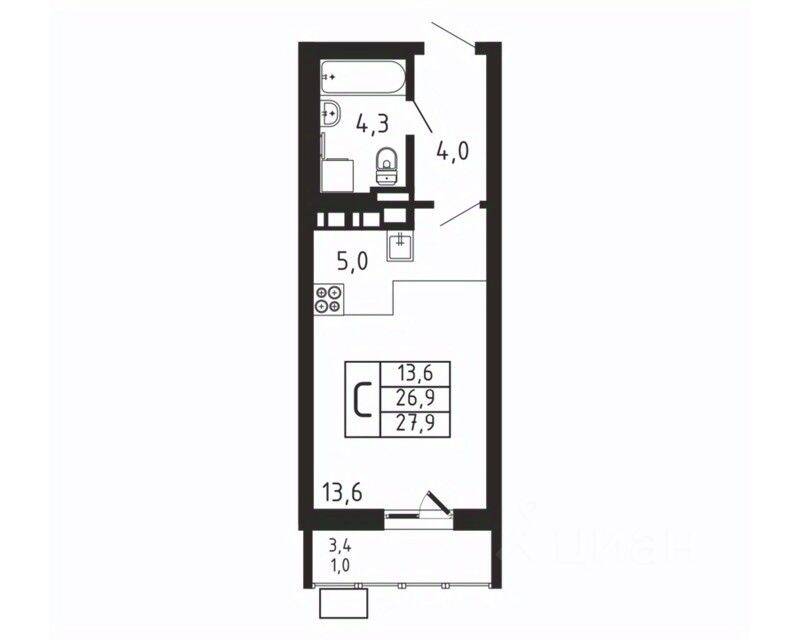 Квартира-студия, 27,9 м², в ЖК «Пироговская Ривьера»