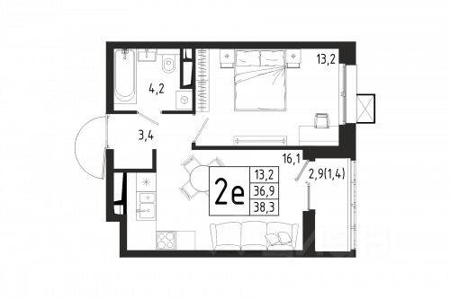 1-комн. квартира, 38,3 м², в ЖК «Берег»