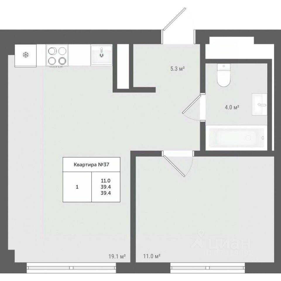 Планировка 1 комнатной квартиры, 39.4 м², в «Яковлево»