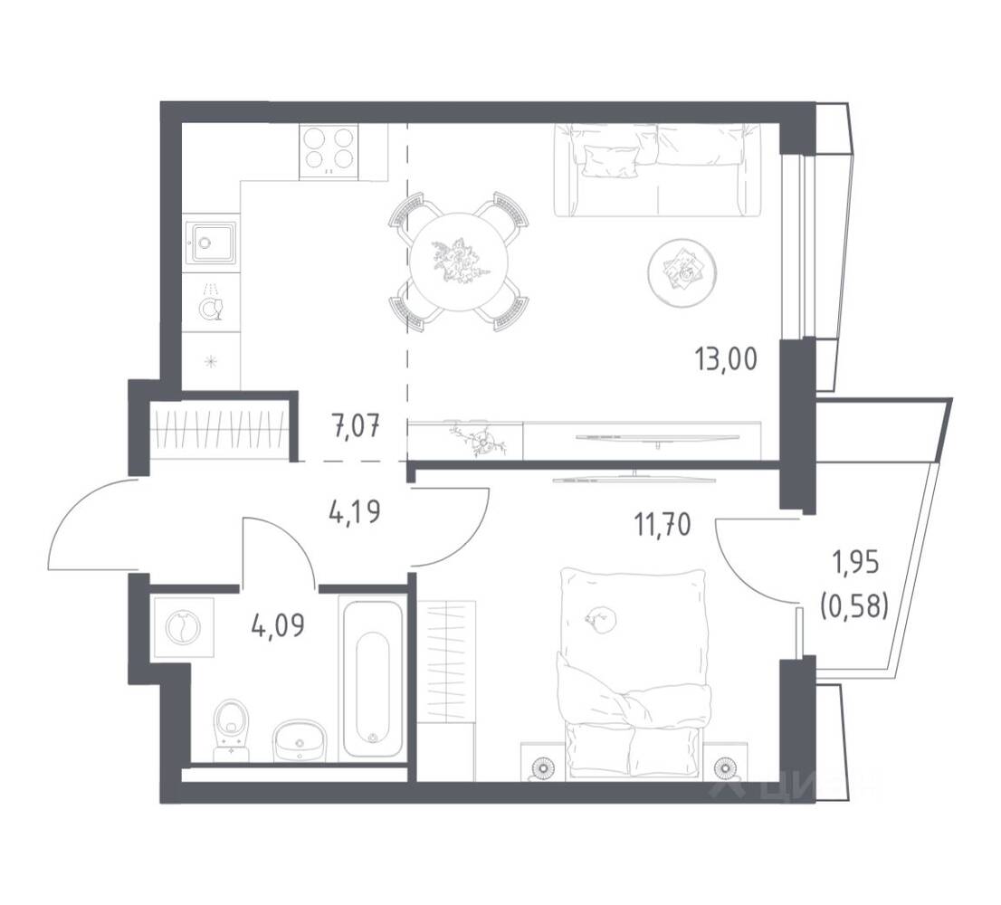 1-комн. квартира, 40,63 м², в ЖК Квартал Авиаторов