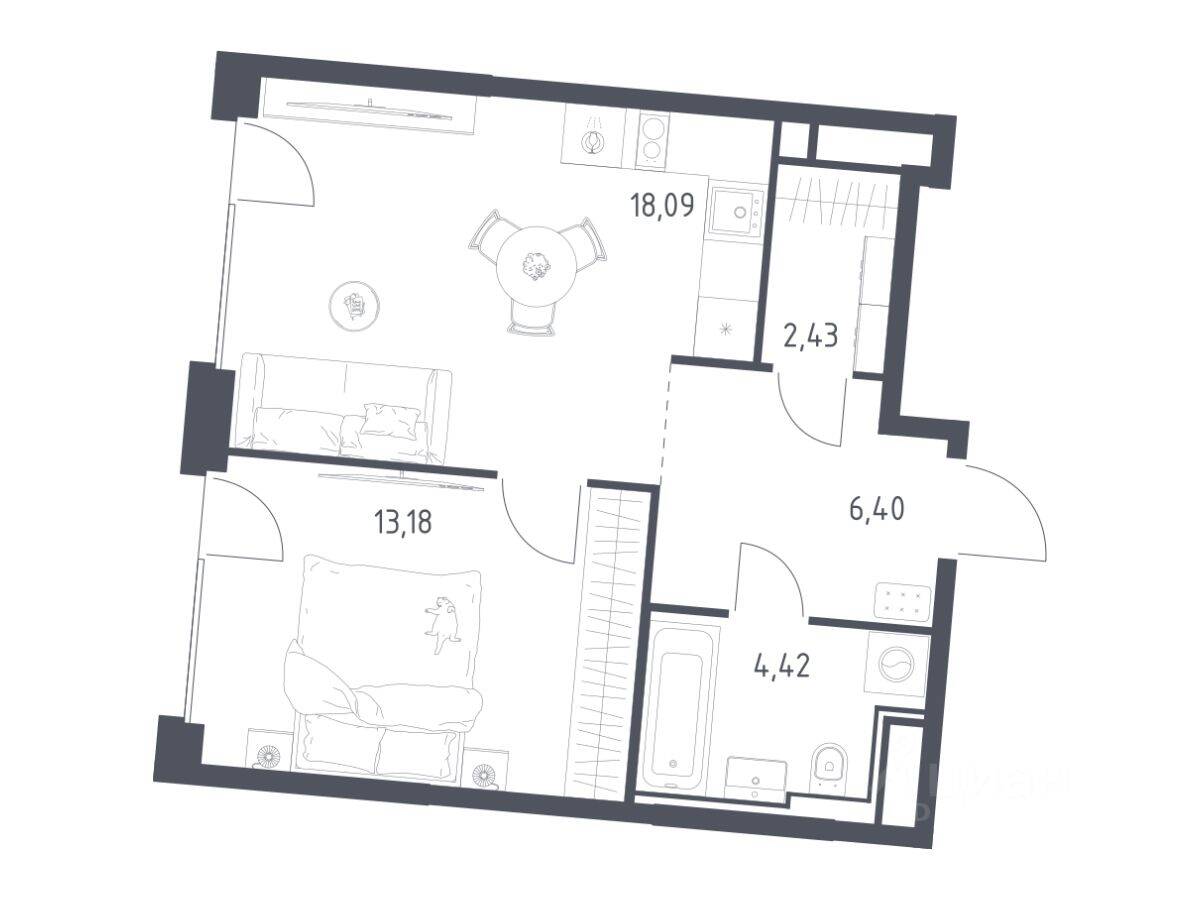 1-комн. квартира, 44,52 м², в ЖК Квартал на воде