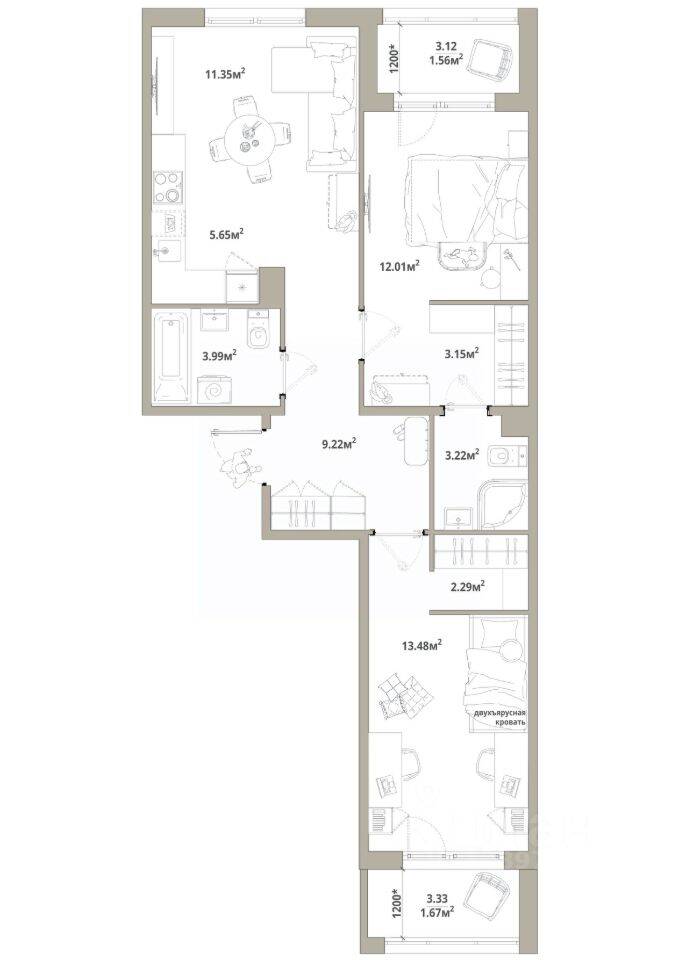 2-комн. квартира, 67,59 м², в ЖК «Тишин»