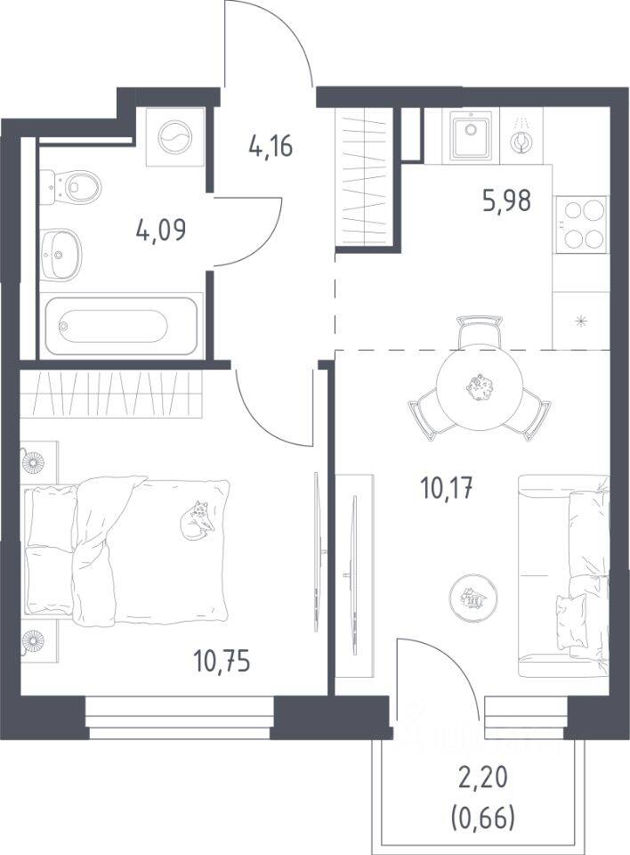 Планировка 1 комнатной квартиры, 35.81 м², в «Квартал Ивакино»