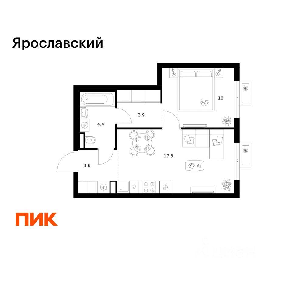 1-комн. квартира, 39,4 м², в ЖК «Ярославский»