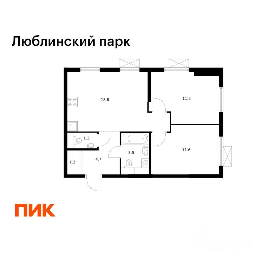 2-комн. квартира, 52,6 м², в ЖК «Люблинский парк»