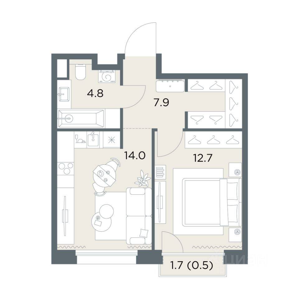 Планировка 1 комнатной квартиры, 39.9 м², в «Станиславский»