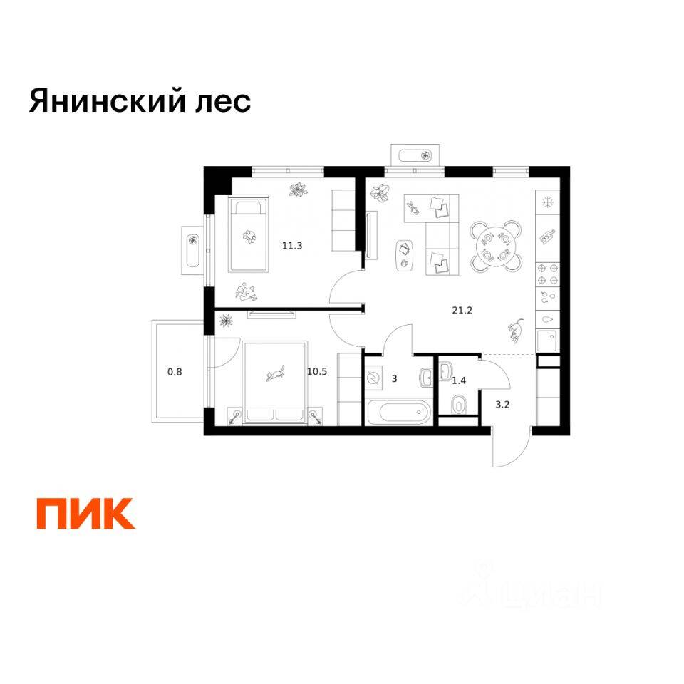2-комн. квартира, 51,4 м², в ЖК Янинский лес