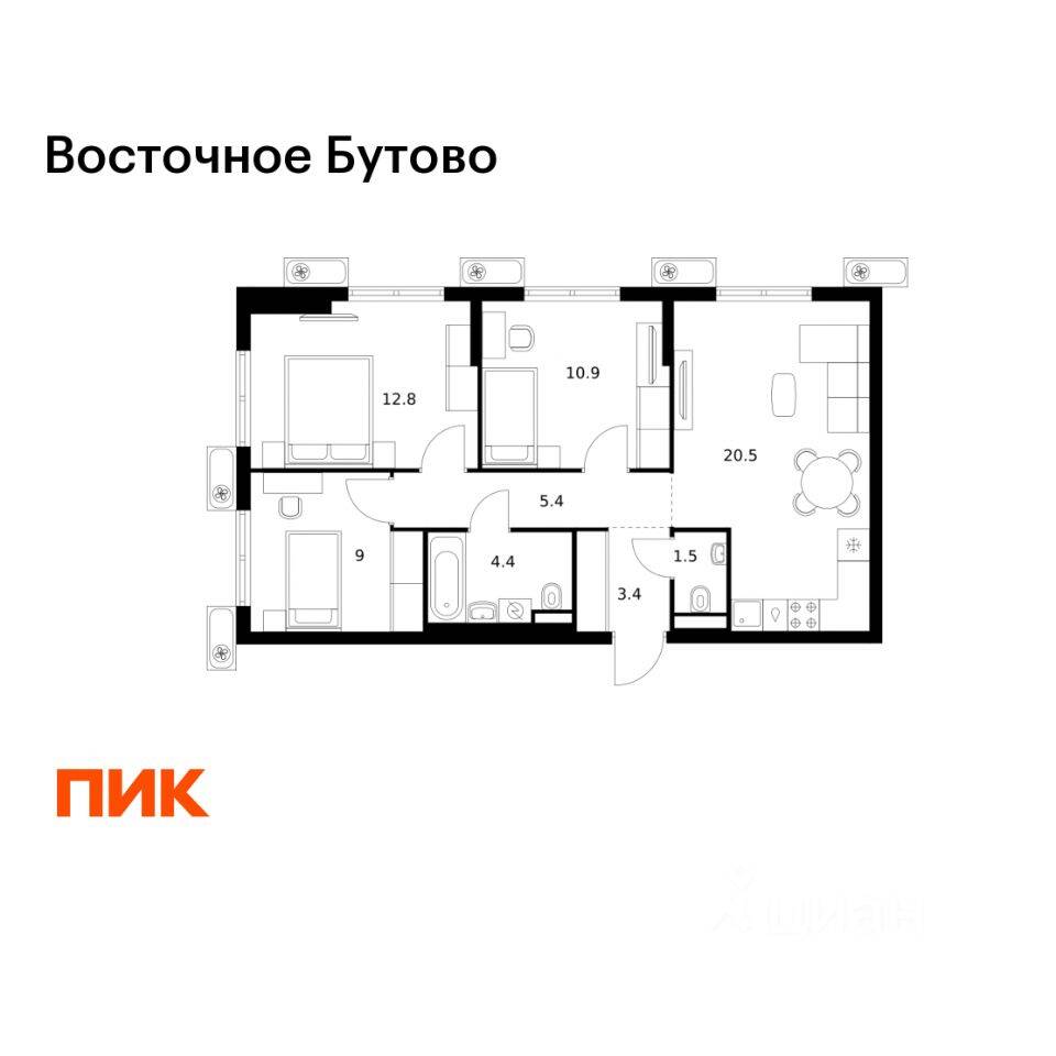 3-комн. квартира, 67,9 м², в ЖК «Восточное Бутово»