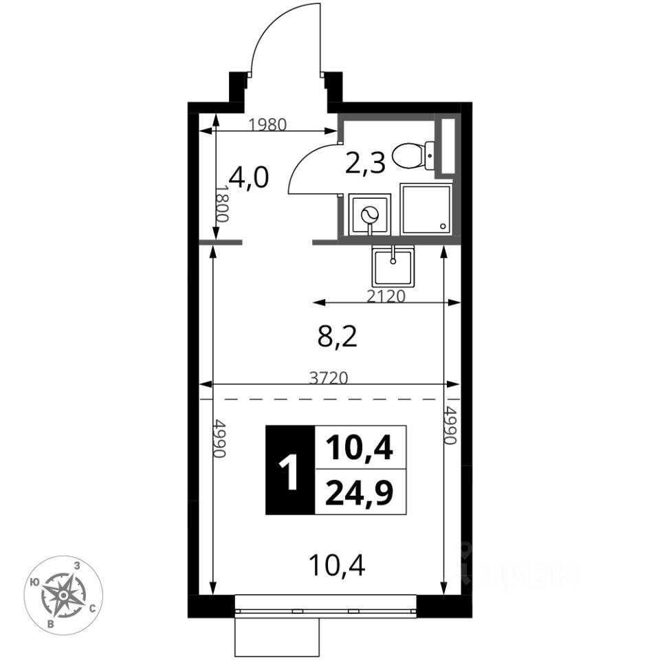 Планировка 1 комнатной квартиры, 24.9 м², в «1-й Донской»