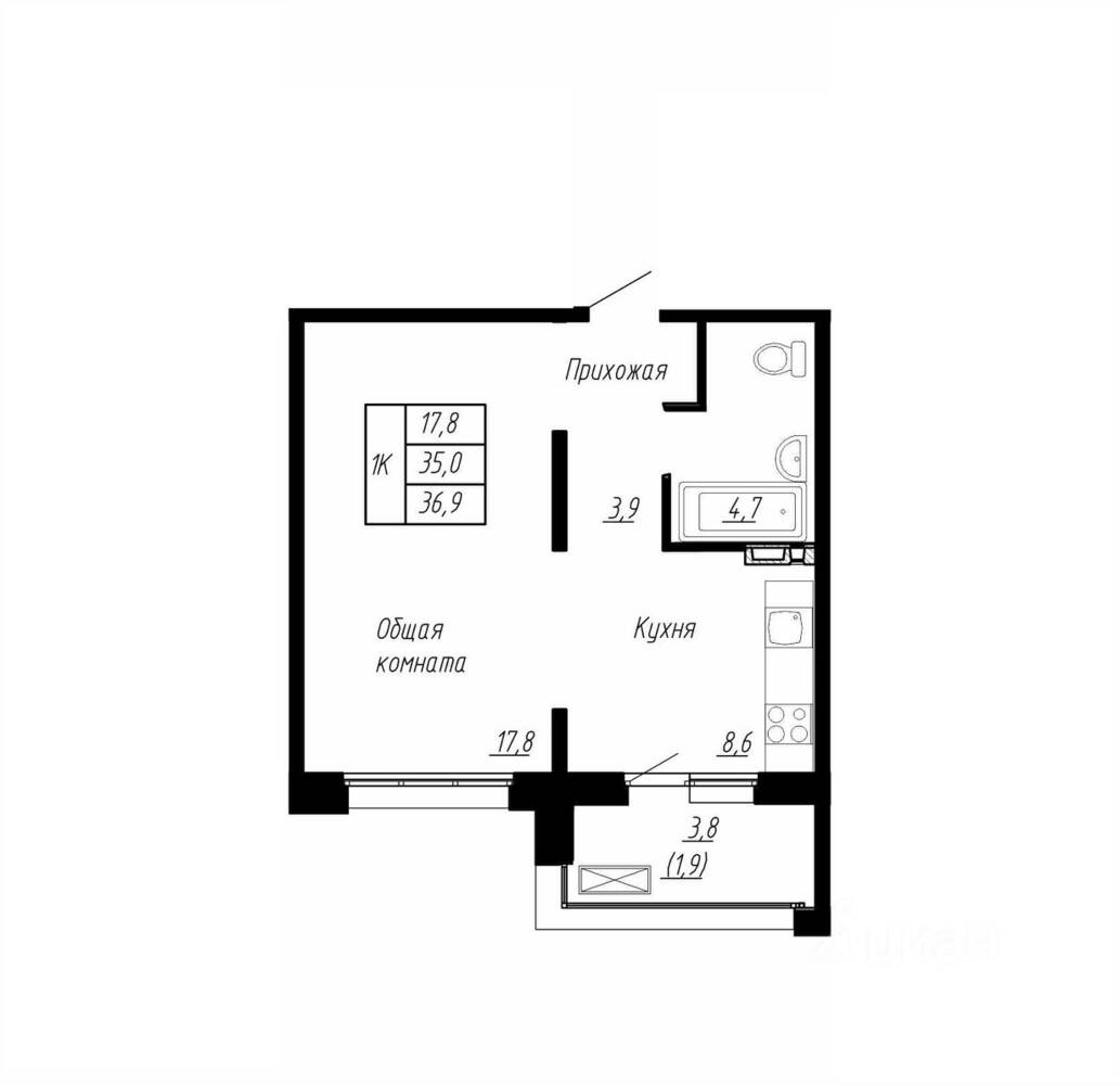 Планировка 1 комнатной квартиры, 36.9 м², в «Сибирь»