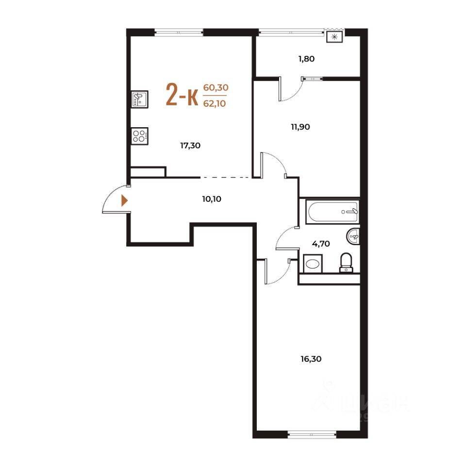 Планировка 2 комнатной квартиры, 62.1 м², в «Новое Летово»
