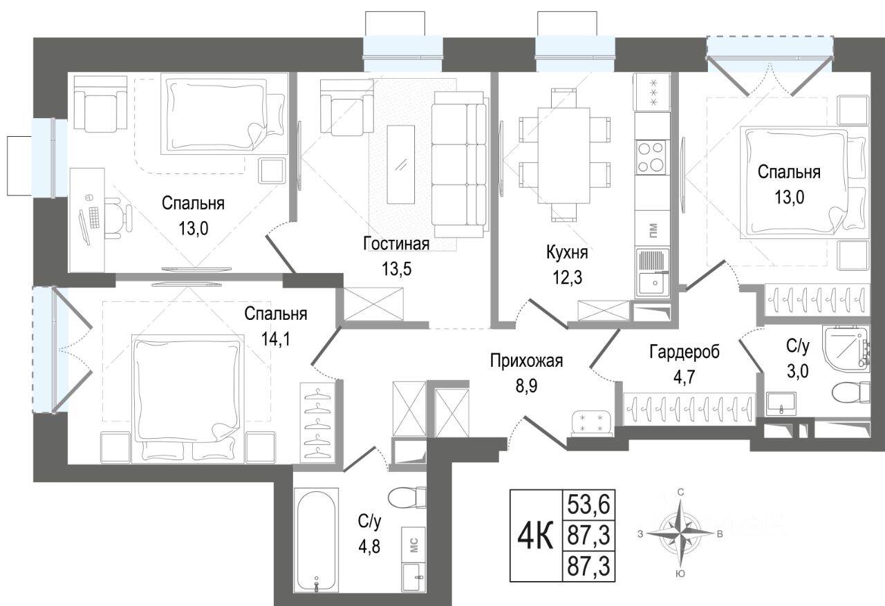 4-комн. квартира, 87,3 м², в ЖК Киноквартал
