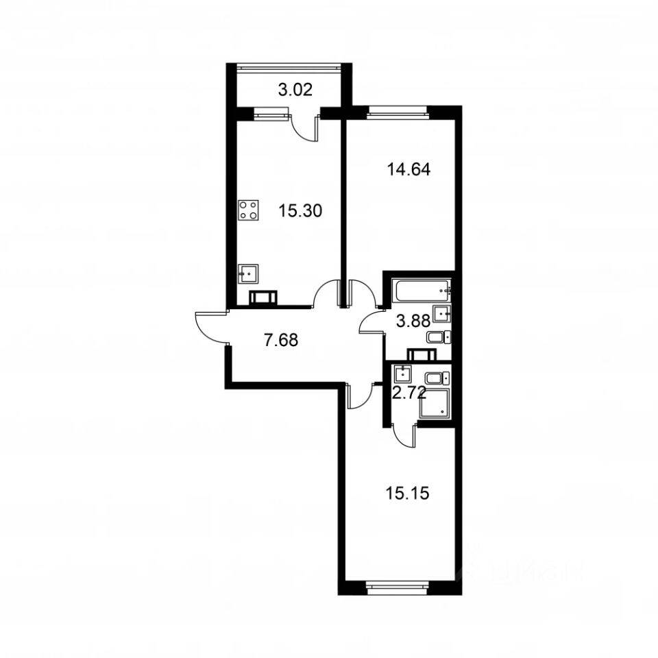 2-комн. квартира, 62,17 м², в ЖК Квартал Заречье