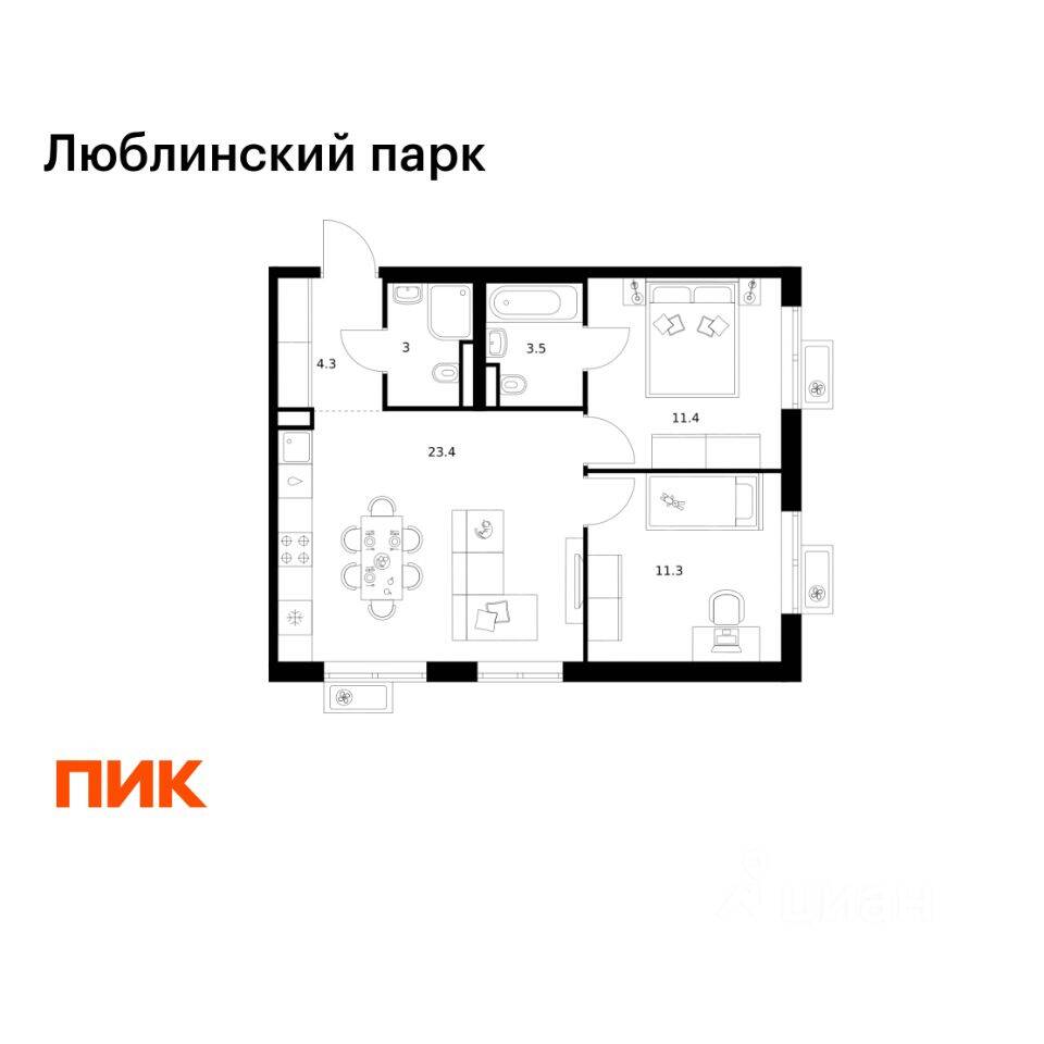 2-комн. квартира, 56,9 м², в ЖК «Люблинский парк»