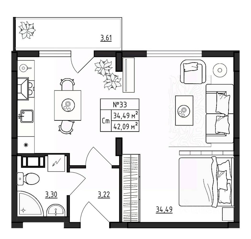 Планировка 1 комнатной квартиры, 42.09 м², в «Верево-Сити»