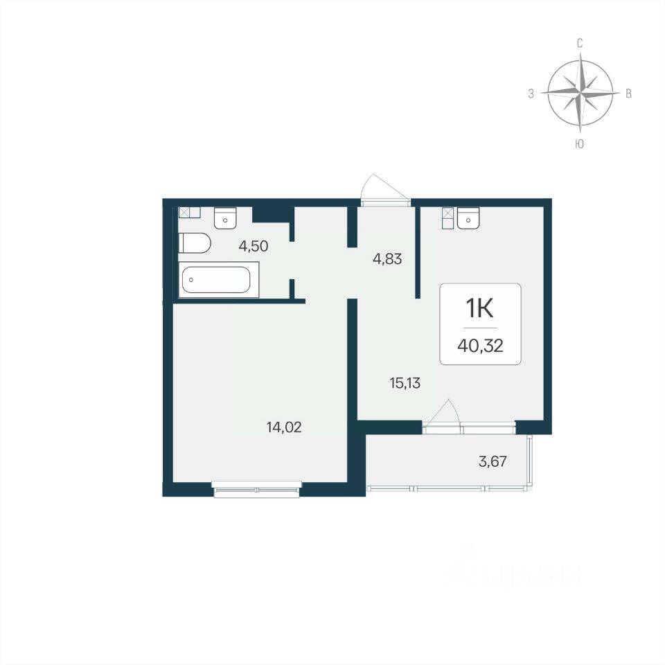 Планировка 1 комнатной квартиры, 40.32 м², в «Расцветай в Янино»