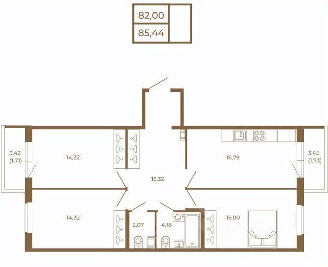 3-комн. квартира, 85,44 м², в Малоэтажный ЖК Новая история