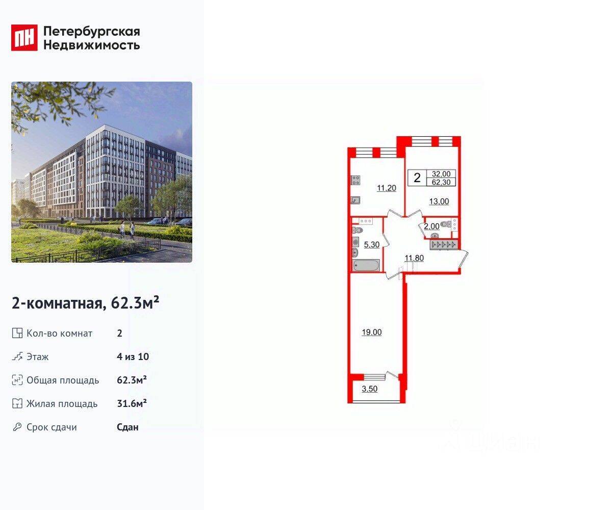 2-комн. квартира, 62,3 м², в ЖК Svetlana Park