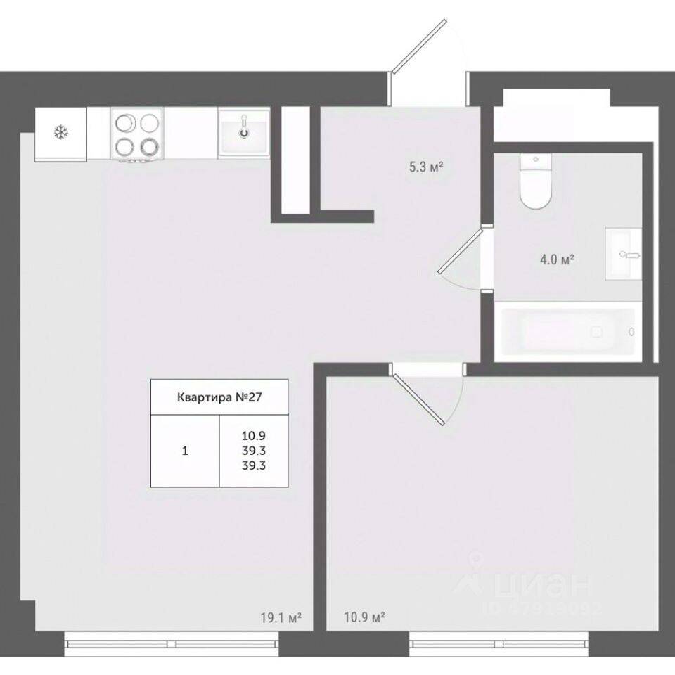 Планировка 1 комнатной квартиры, 39.3 м², в «Яковлево»