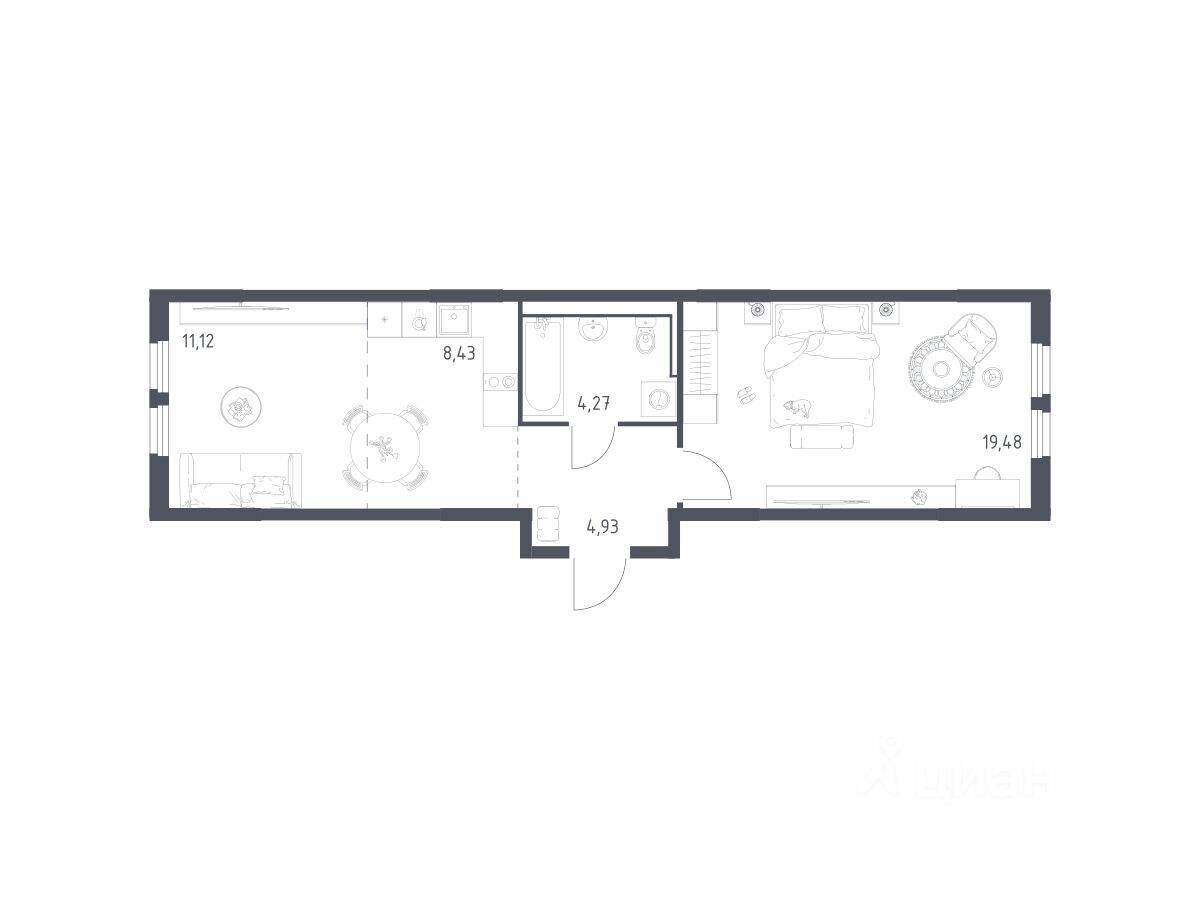 1-комн. квартира, 48,23 м², в ЖК «Пригород Лесное»