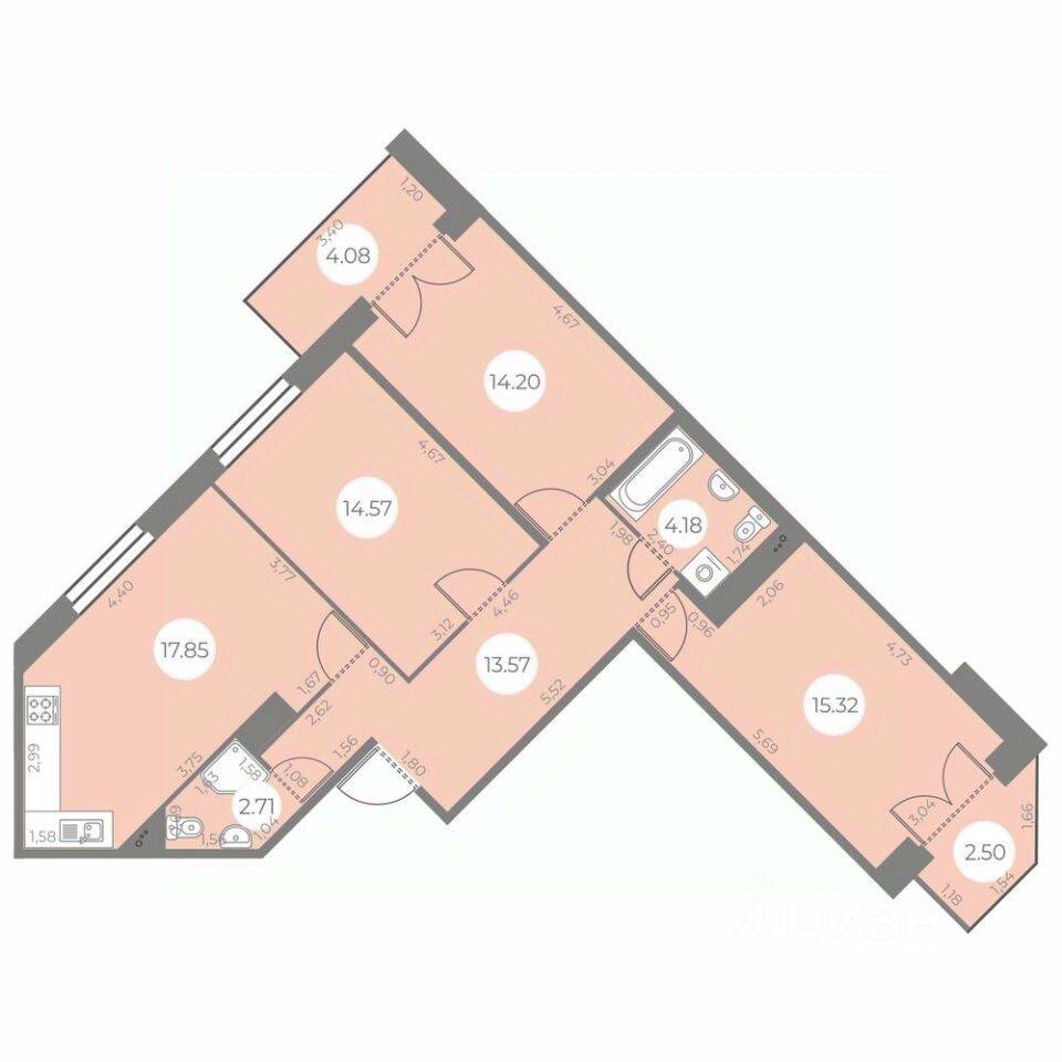 3-комн. квартира, 85,69 м², в ЖК «Огни Залива»