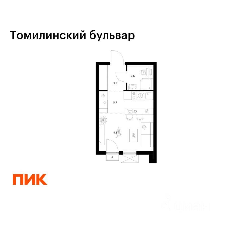 Квартира-студия, 21,4 м², в ЖК Томилинский бульвар