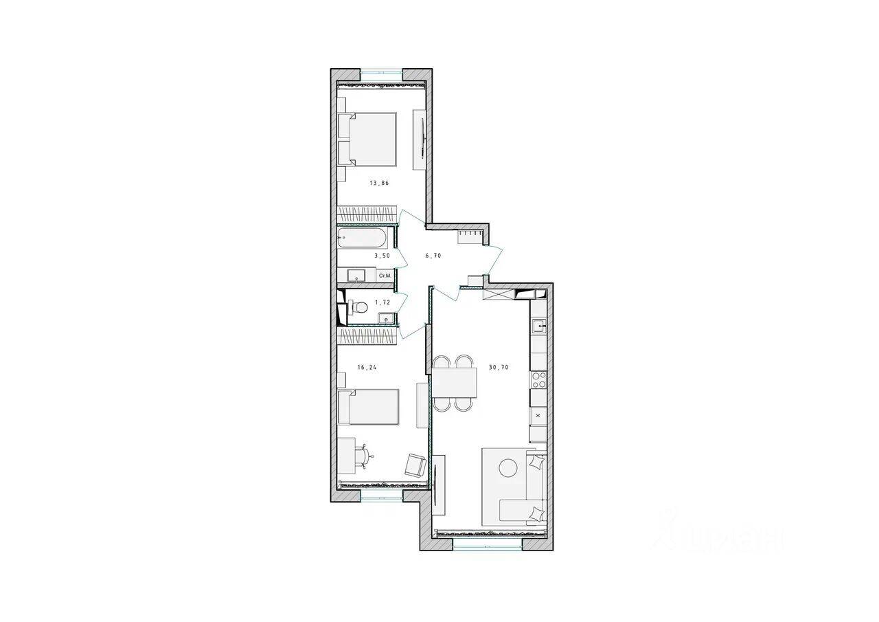 2-комн. квартира, 72,8 м², в ЖК Серебро