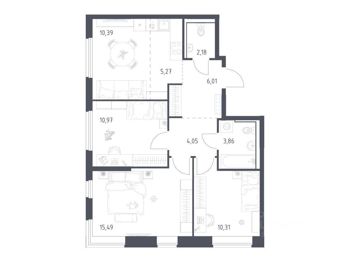 3-комн. квартира, 68,53 м², в ЖК «Пригород Лесное»