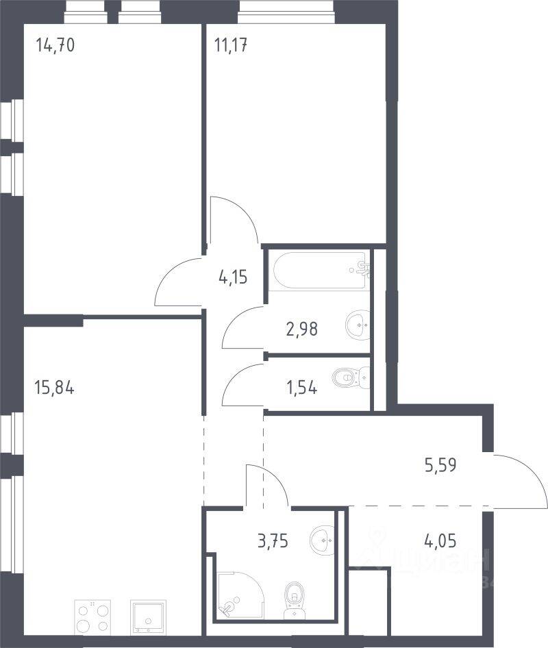 2-комн. квартира, 63,77 м², в ЖК Невская Долина