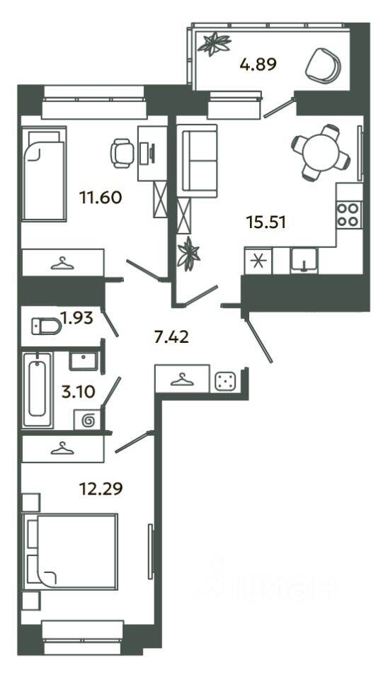 2-комн. квартира, 51,85 м², в ЖК Загляденье