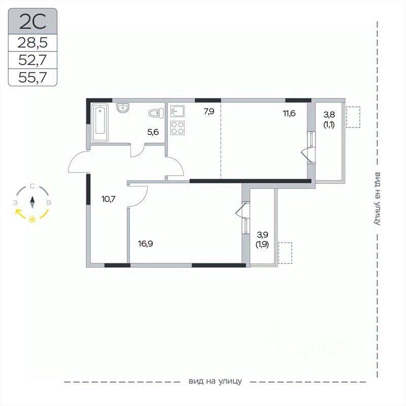2-комн. квартира, 55,7 м², в ЖК «Пироговская Ривьера»