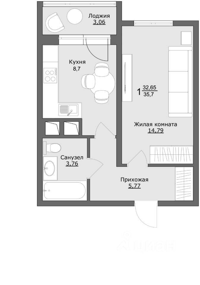 Планировка 1 комнатной квартиры, 35.6 м², в «Клевер»